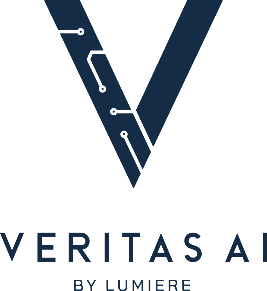 A stylized logo featuring a large dark blue letter V with circuit-like lines inside, and the text 'VERITAS AI BY LUMIERE' underneath.