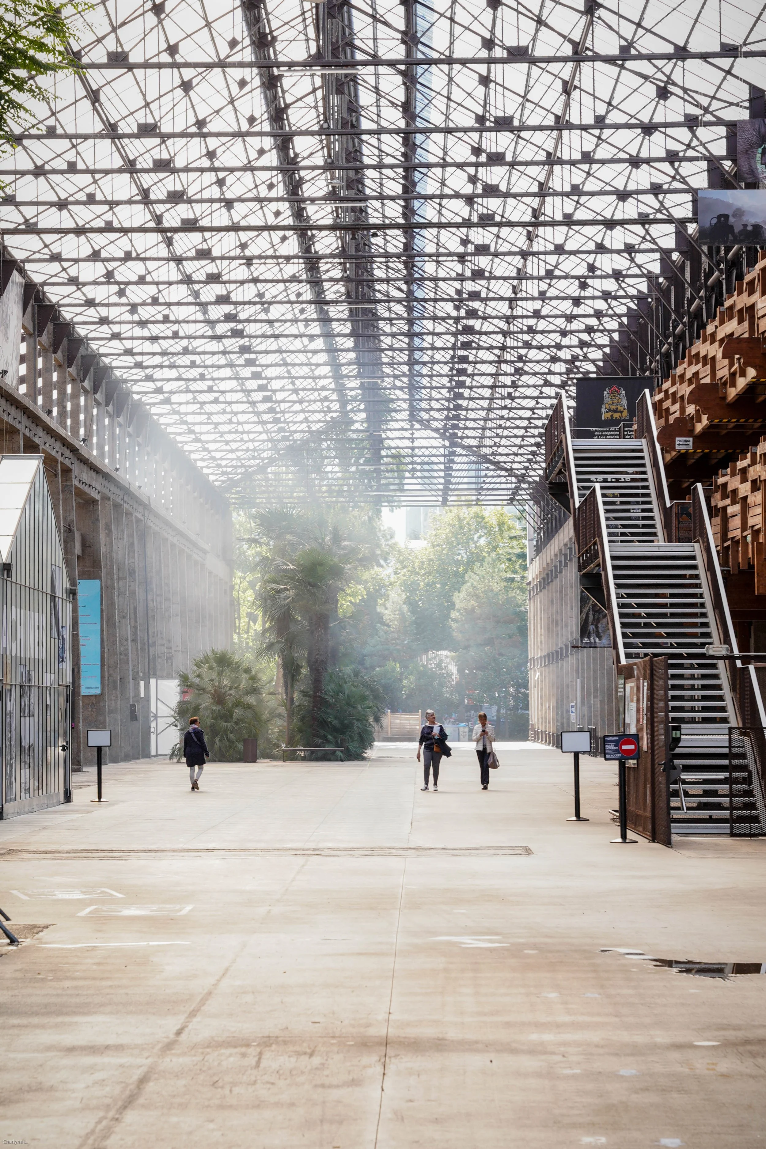 Une grande structure en acier et verre forme un toit transparent au-dessus d'une espace ouvert avec quelques personnes se promenant et des arbres en arrière-plan.