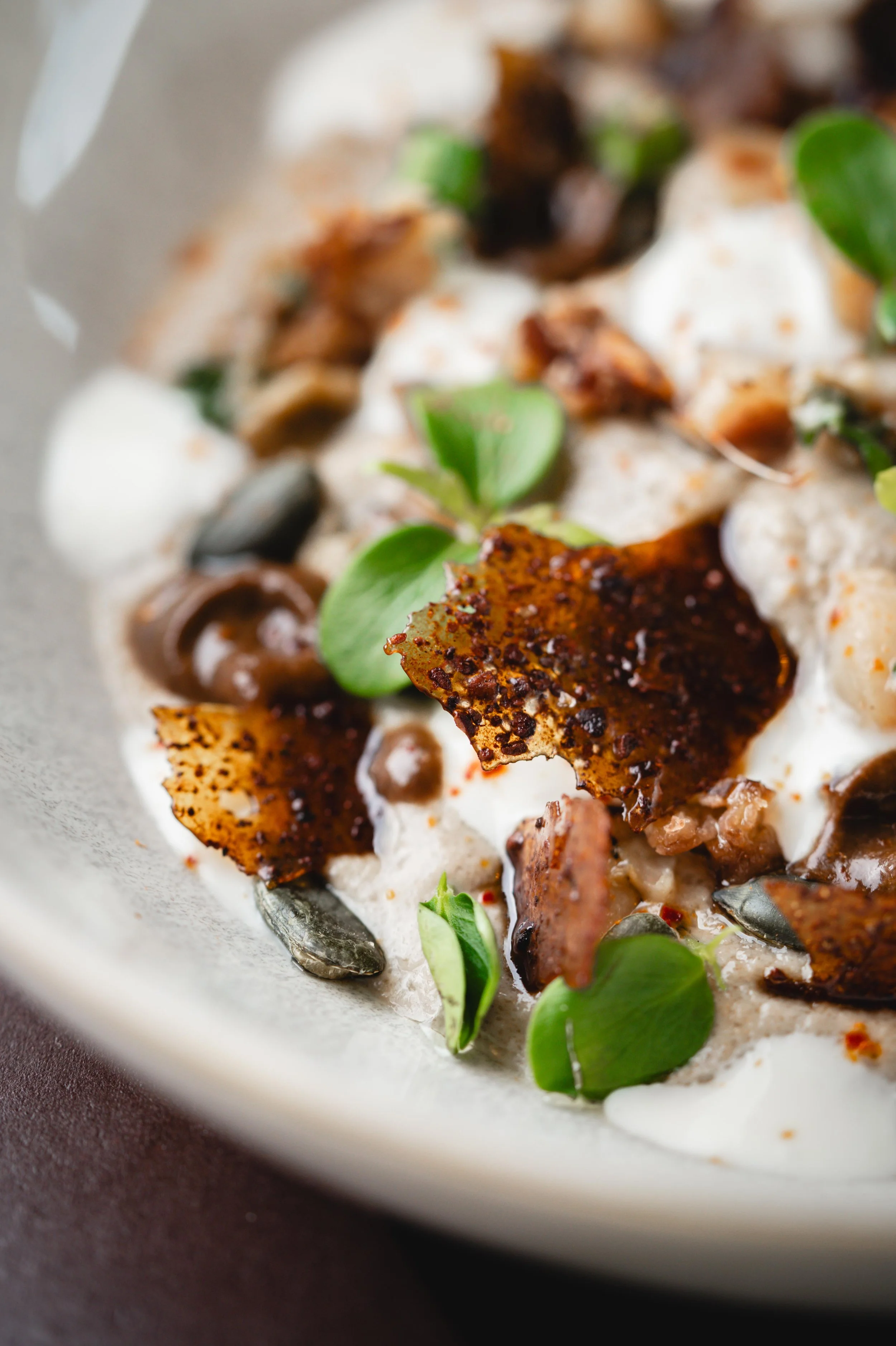 Gros plan sur un plat gourmet avec des feuilles vertes, des copeaux de parmesan, des graines de courges, de la crème et des éléments croustillants, présenté de façon artistique.