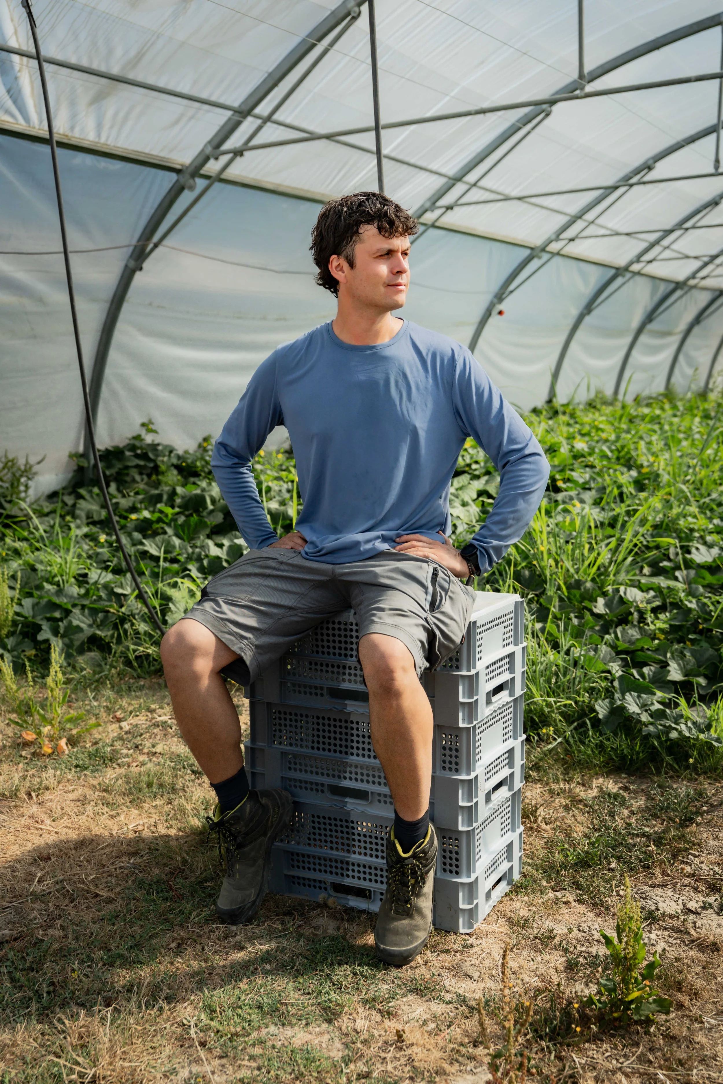 Homme assis sur des caisses en plastique dans une serre avec des plantes vertes en arrière-plan, portant un t-shirt bleu, un short gris, des chaussures de randonnée et une montre.