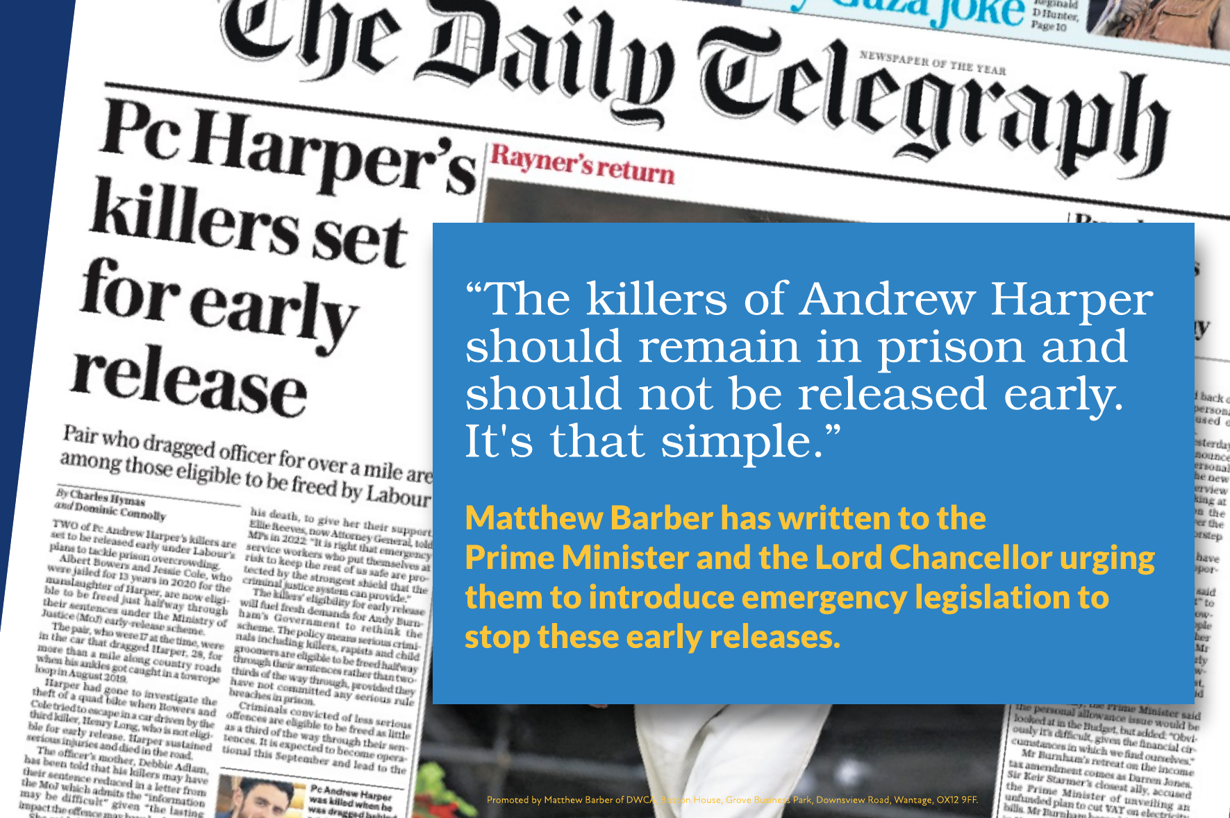 Matthew Barber calls for the Government to take emergency action over potential early release of PC Andrew Harper’s killers