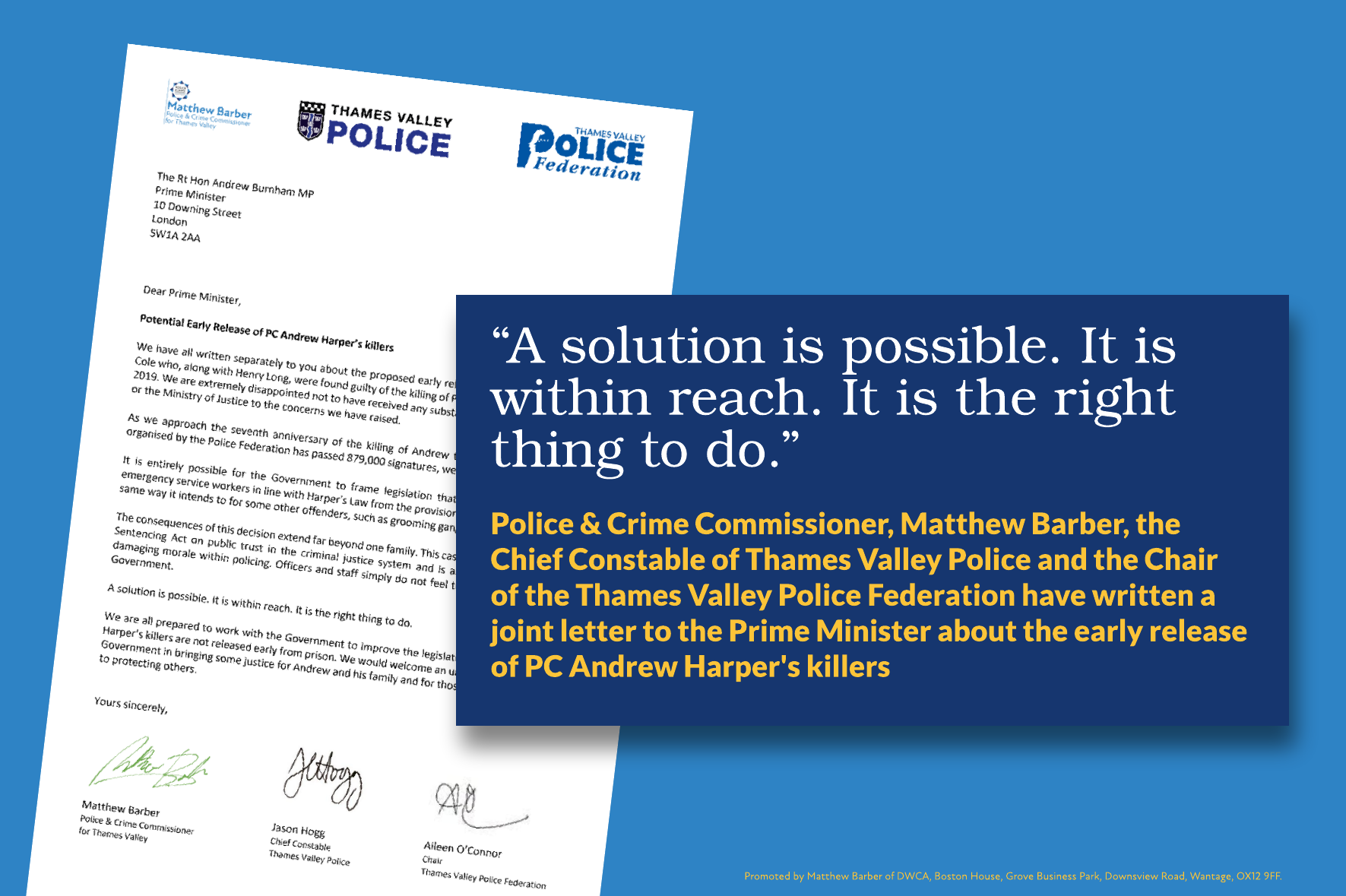 Thames Valley Police leaders continue to pressure the Government over the early release of PC Andrew Harper’s killers