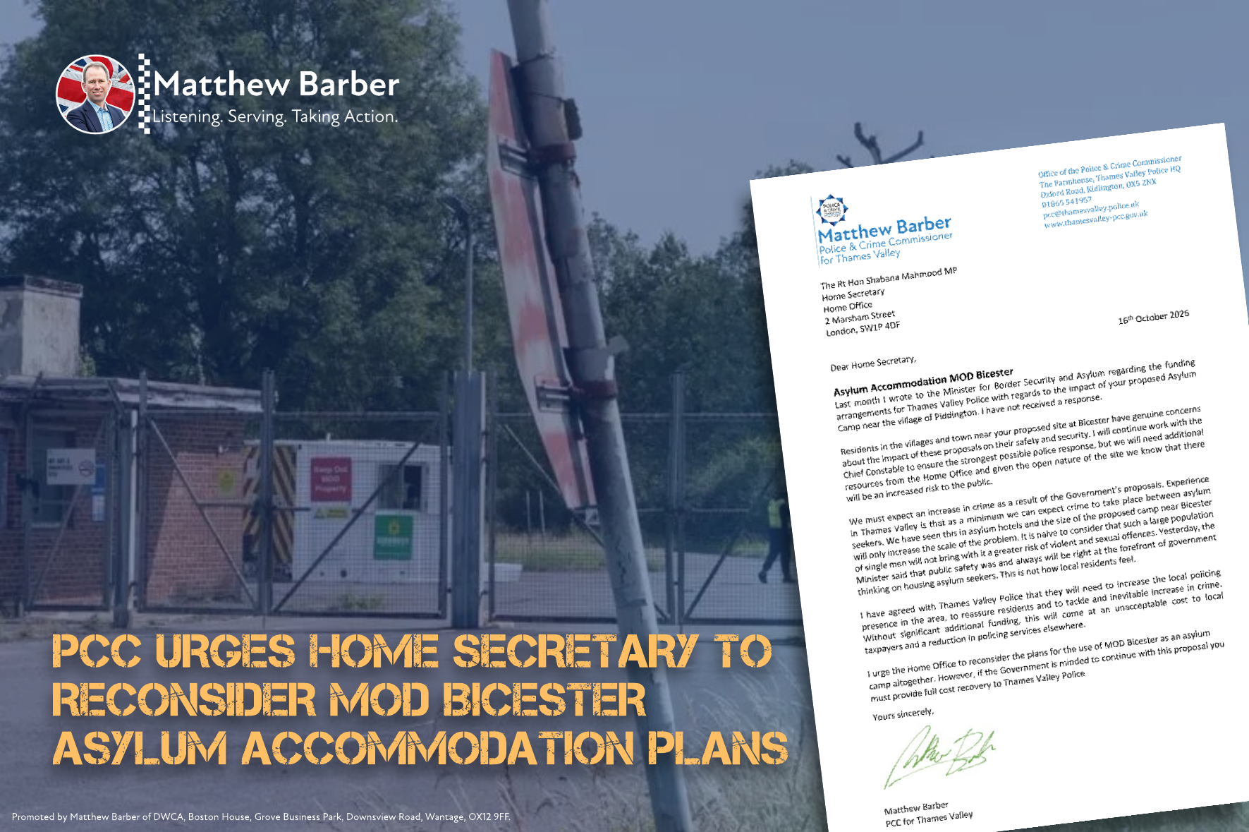 PCC urges Home Secretary to reconsider MOD Bicester asylum accommodation plans