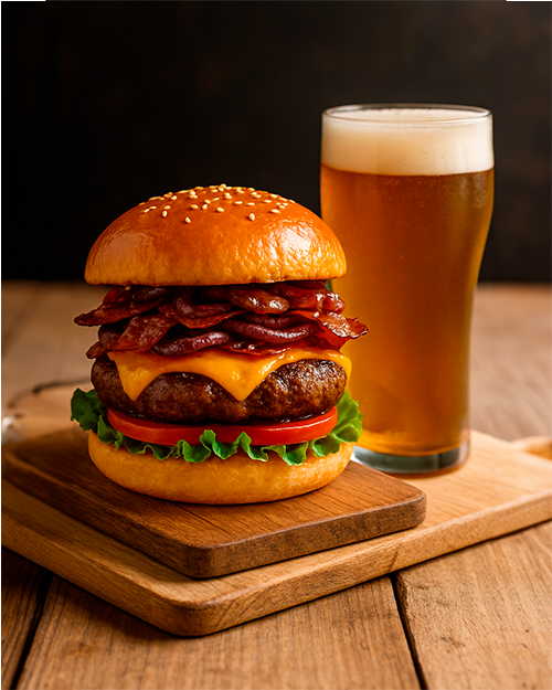 Hambúrguer Artesanal com Bacon Crocante, Queijo Cheddar, Cebola Caramelizada e Molho de Cerveja