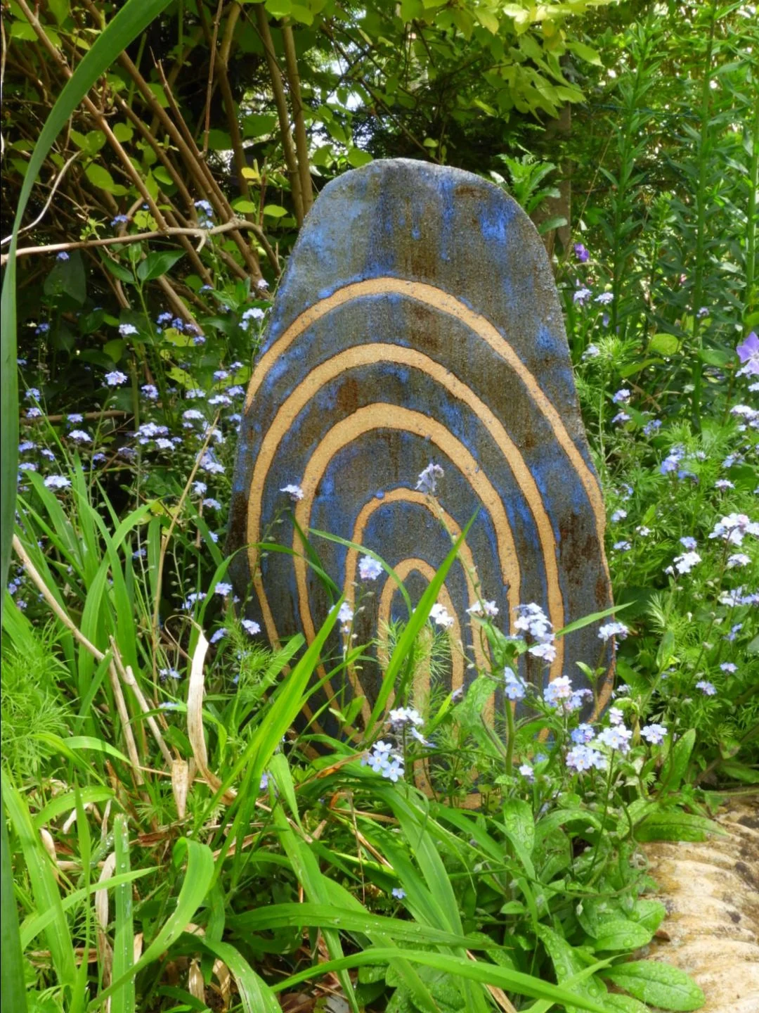 Finished Ceramic Standing Stone, with blue glaze decoration with an ancient  labyrinth design