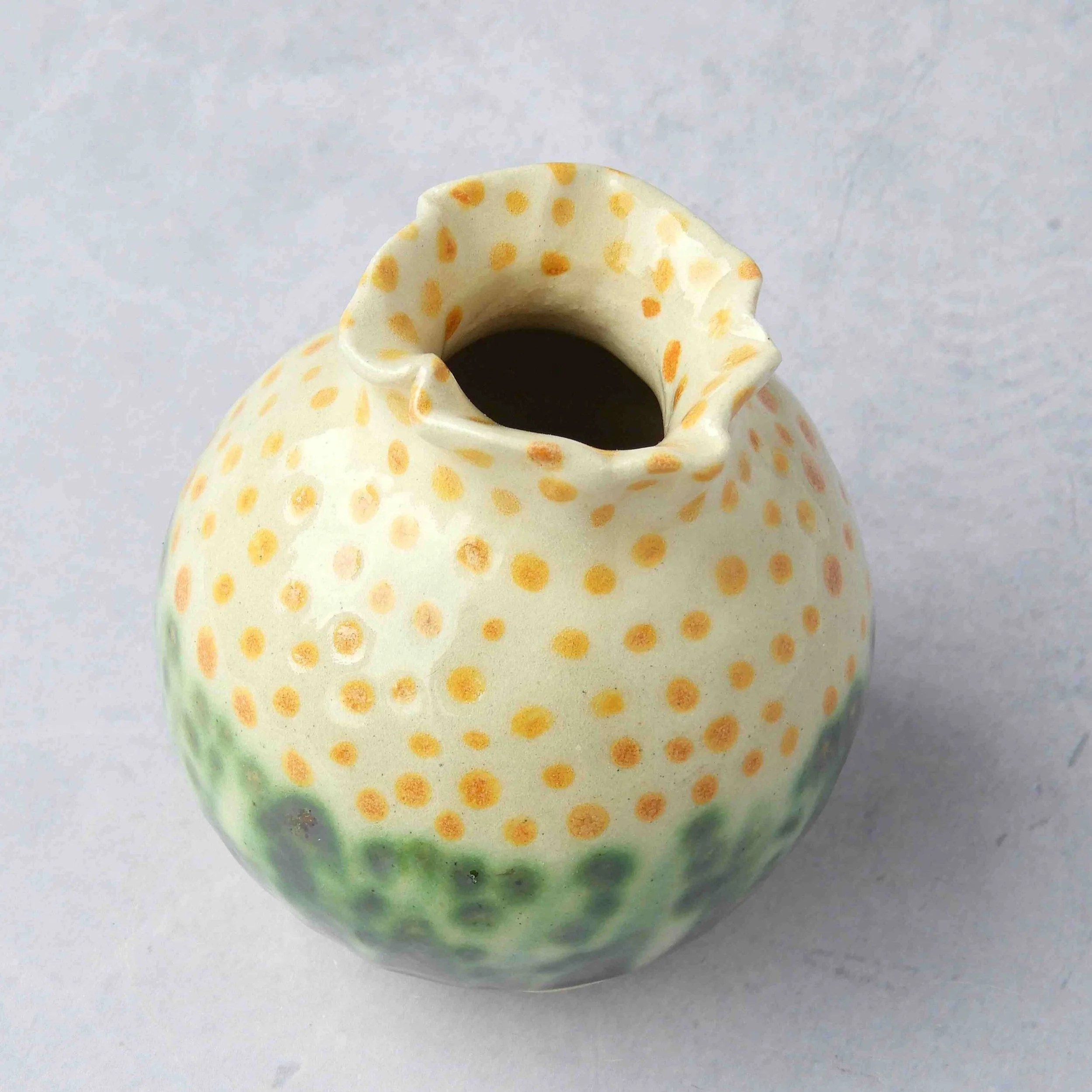 Ceramic vase - small moon jar in green white and yellow. Fi Cooper Ceramics