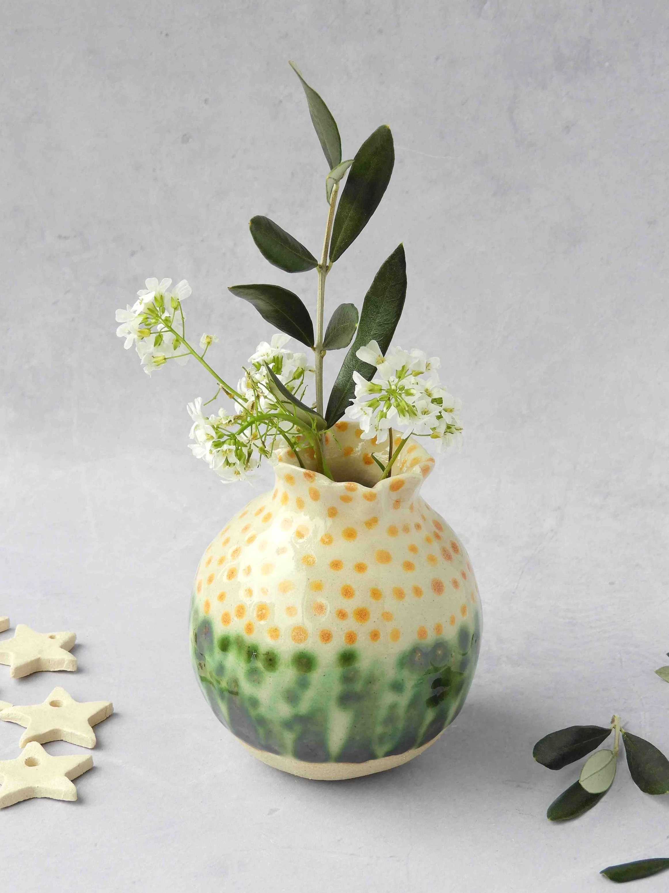 Ceramic vase - small moon jar in green white and yellow. Fi Cooper Ceramics