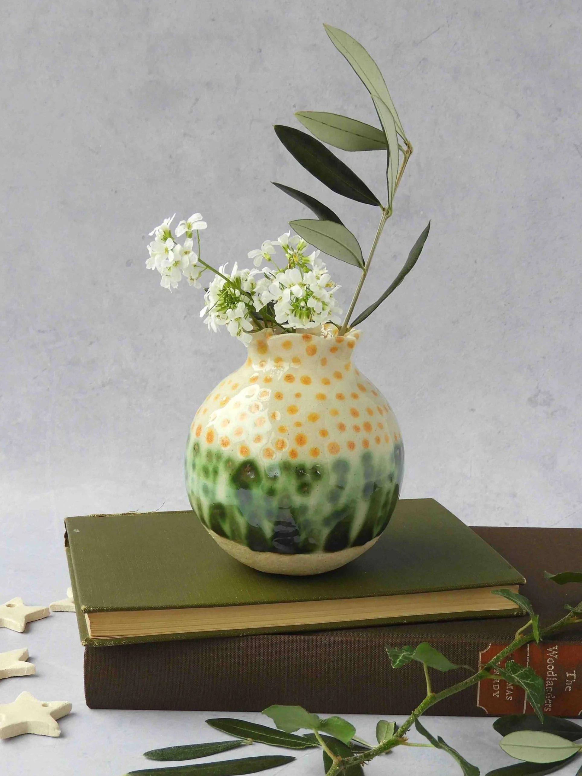Ceramic vase - small moon jar in green white and yellow. Fi Cooper Ceramics
