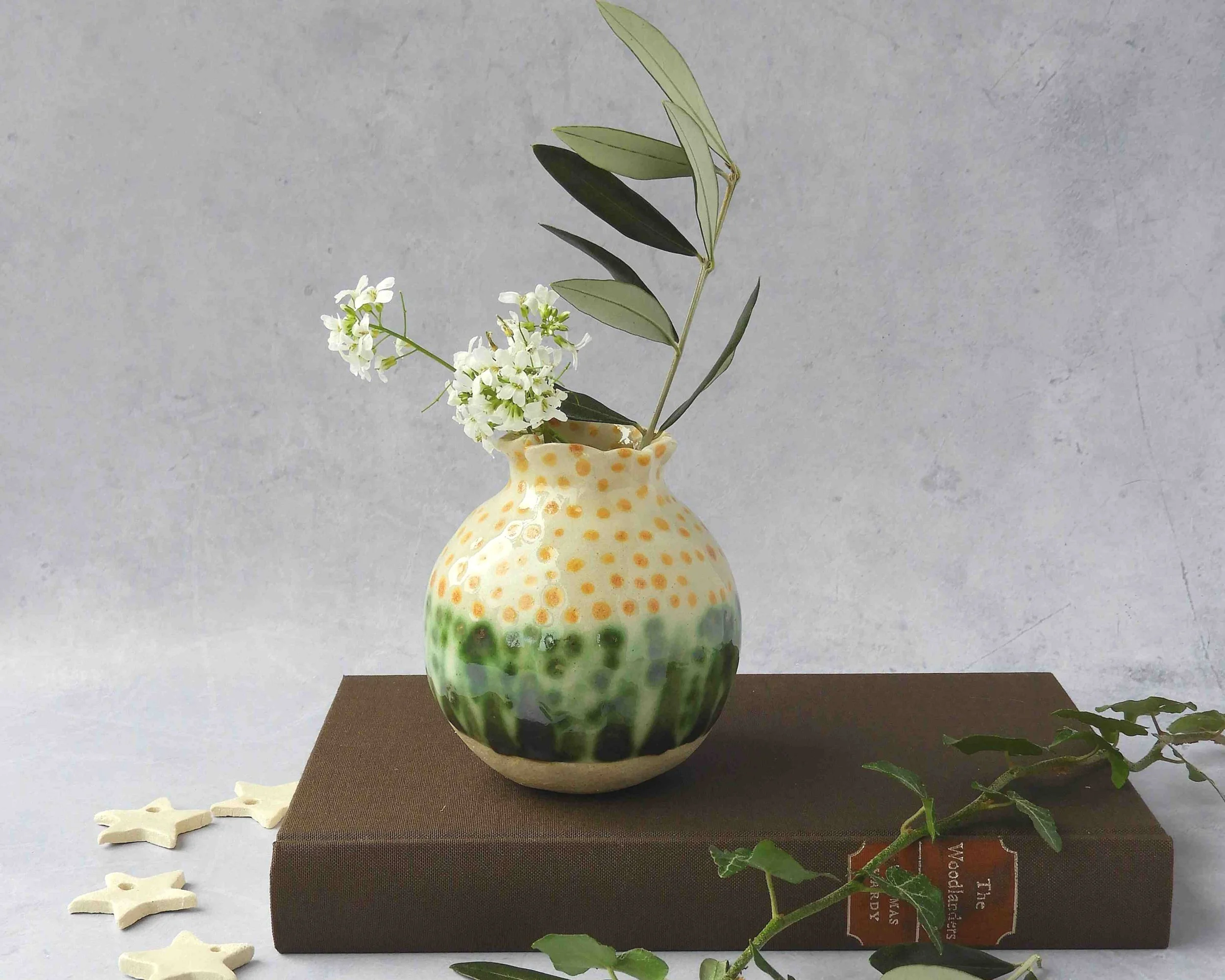 Ceramic vase - small moon jar in green white and yellow. Fi Cooper Ceramics