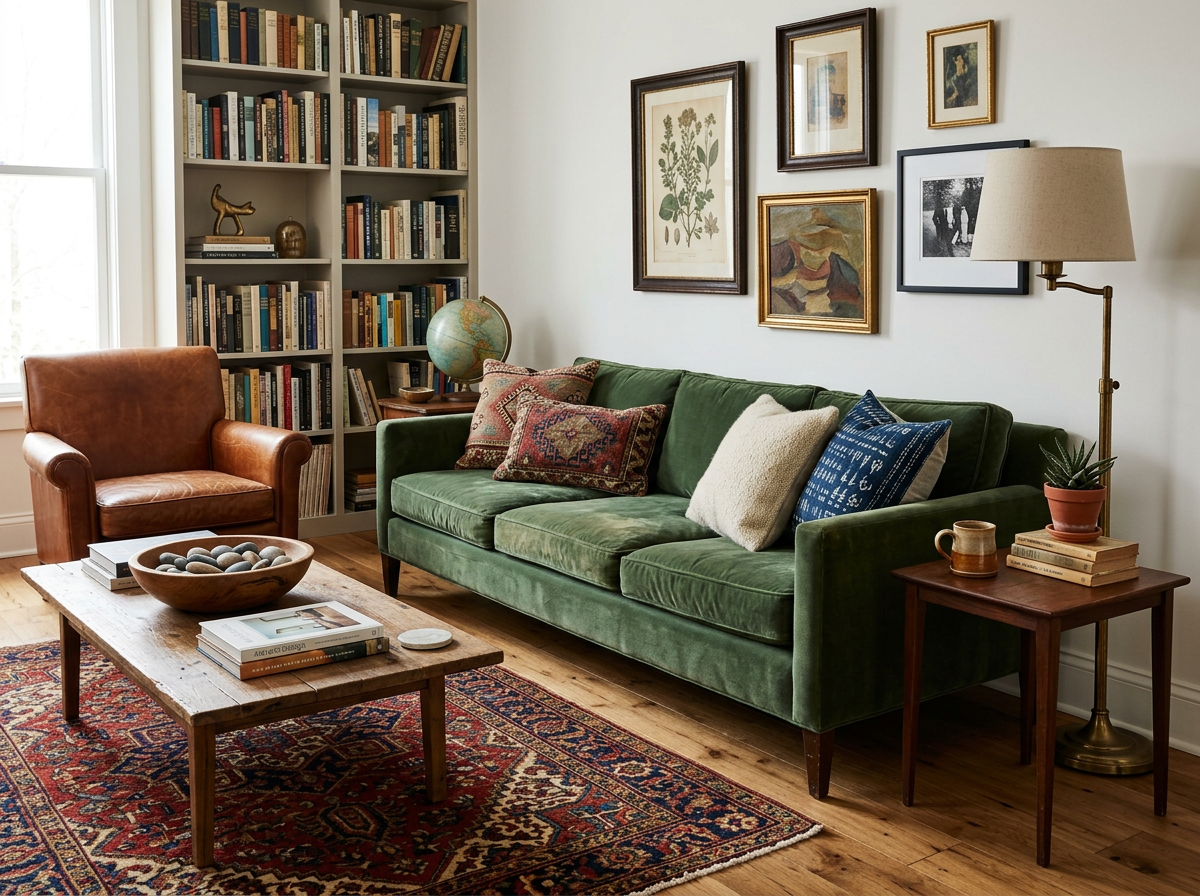 Living room with a green velvet sofa, a leather armchair, a wooden coffee table with books and a bowl of decorative stones, a bookshelf filled with books, and framed art on the wall. There is a side table with a globe, a potted plant, and a lamp, all with a rug on wooden floor.
