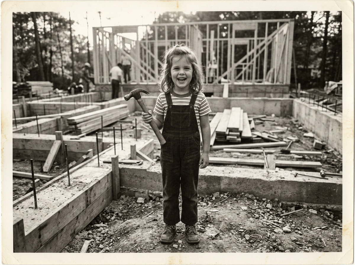 A young girl smiling and holding a hammer at a construction site with a building under construction in the background.
