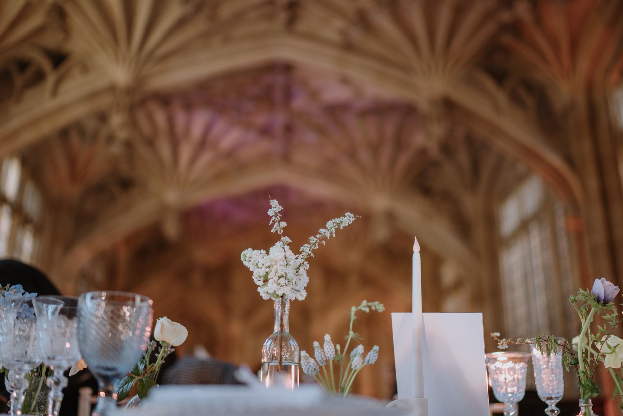 Wedding breakfast table and Divinity Hall ceiling