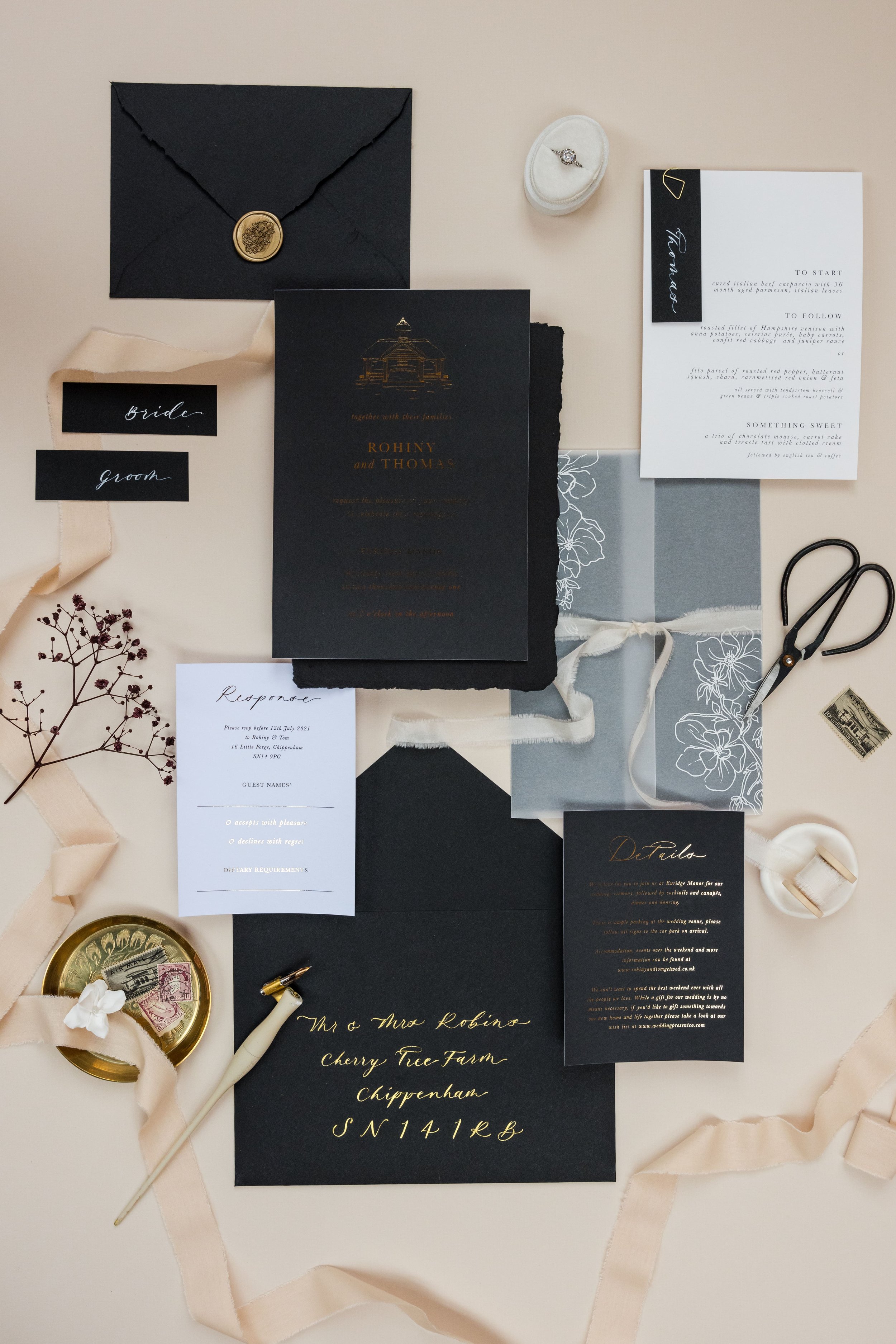 Black and gold luxury wedding stationery