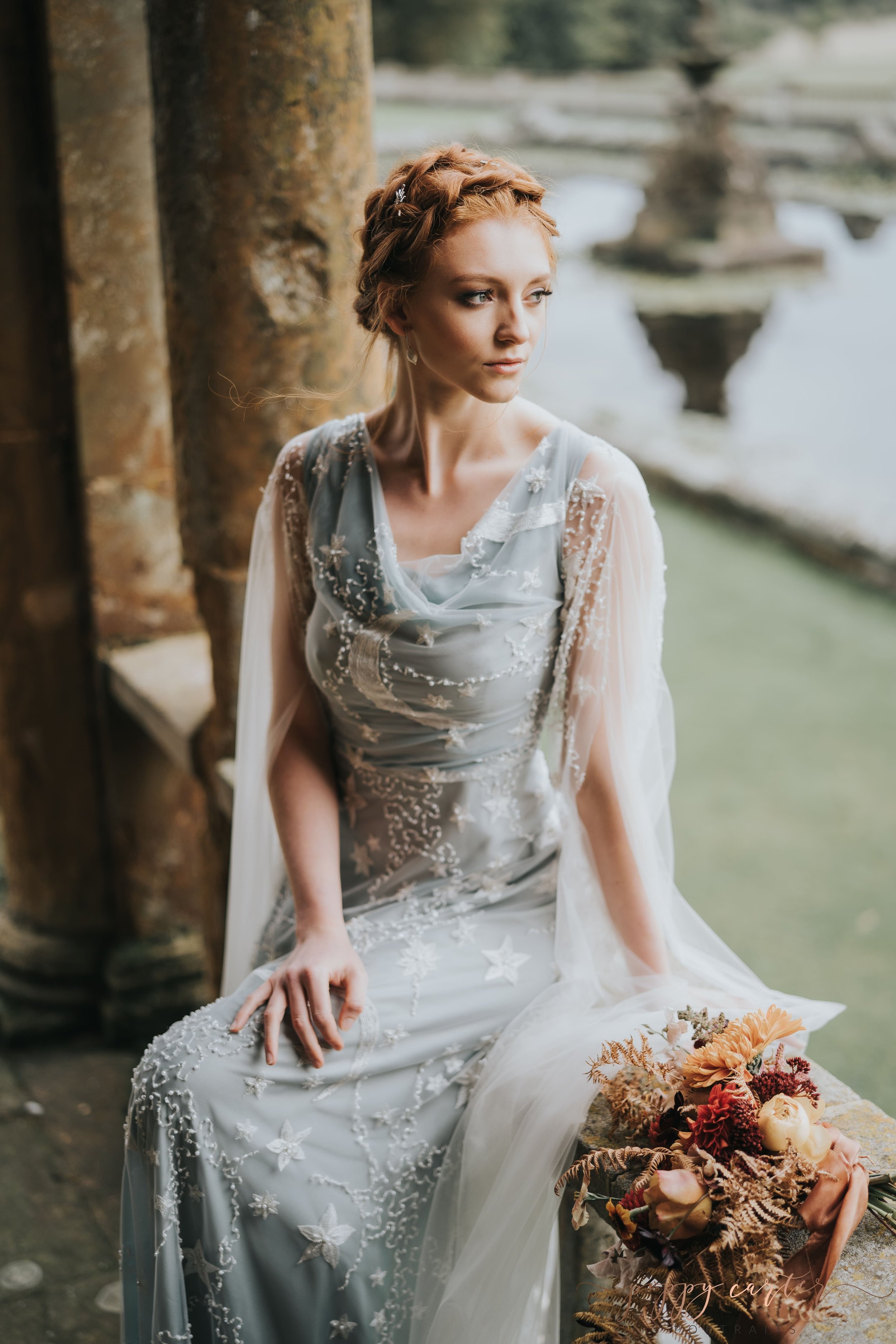 Auburn hair bride in blue dress 