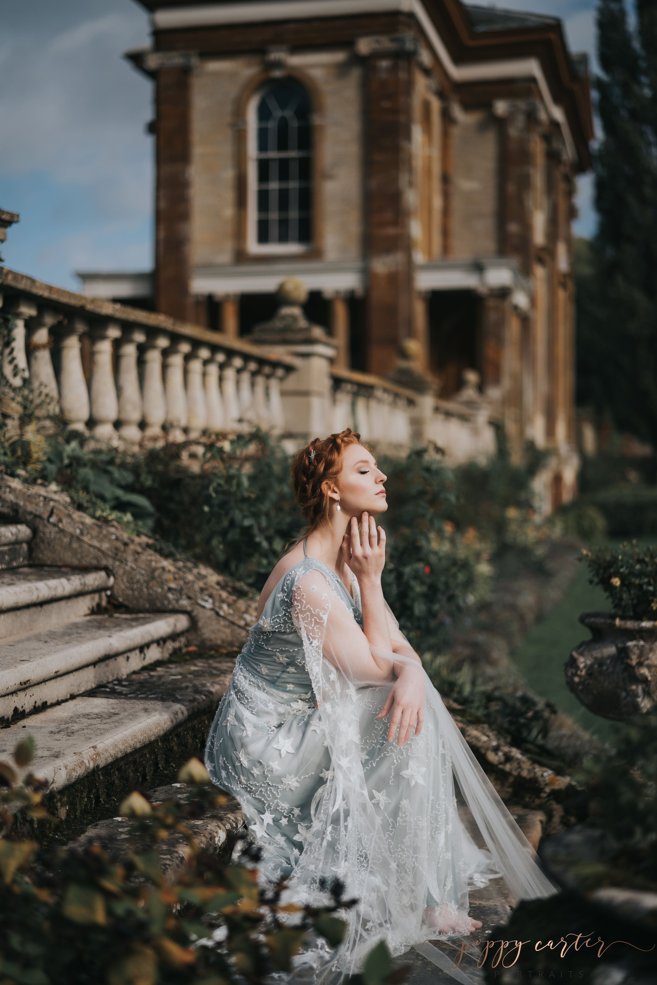Beautiful bride on stone steps