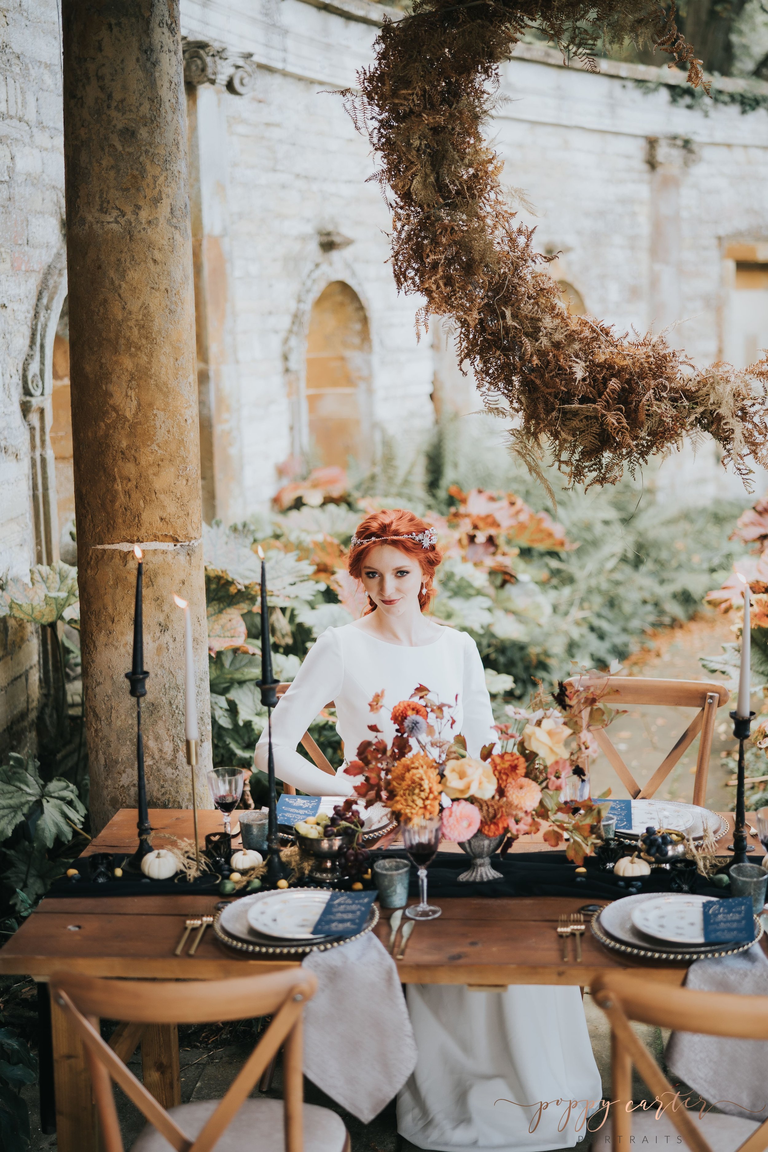 Autumn bride at wedding breakfast table
