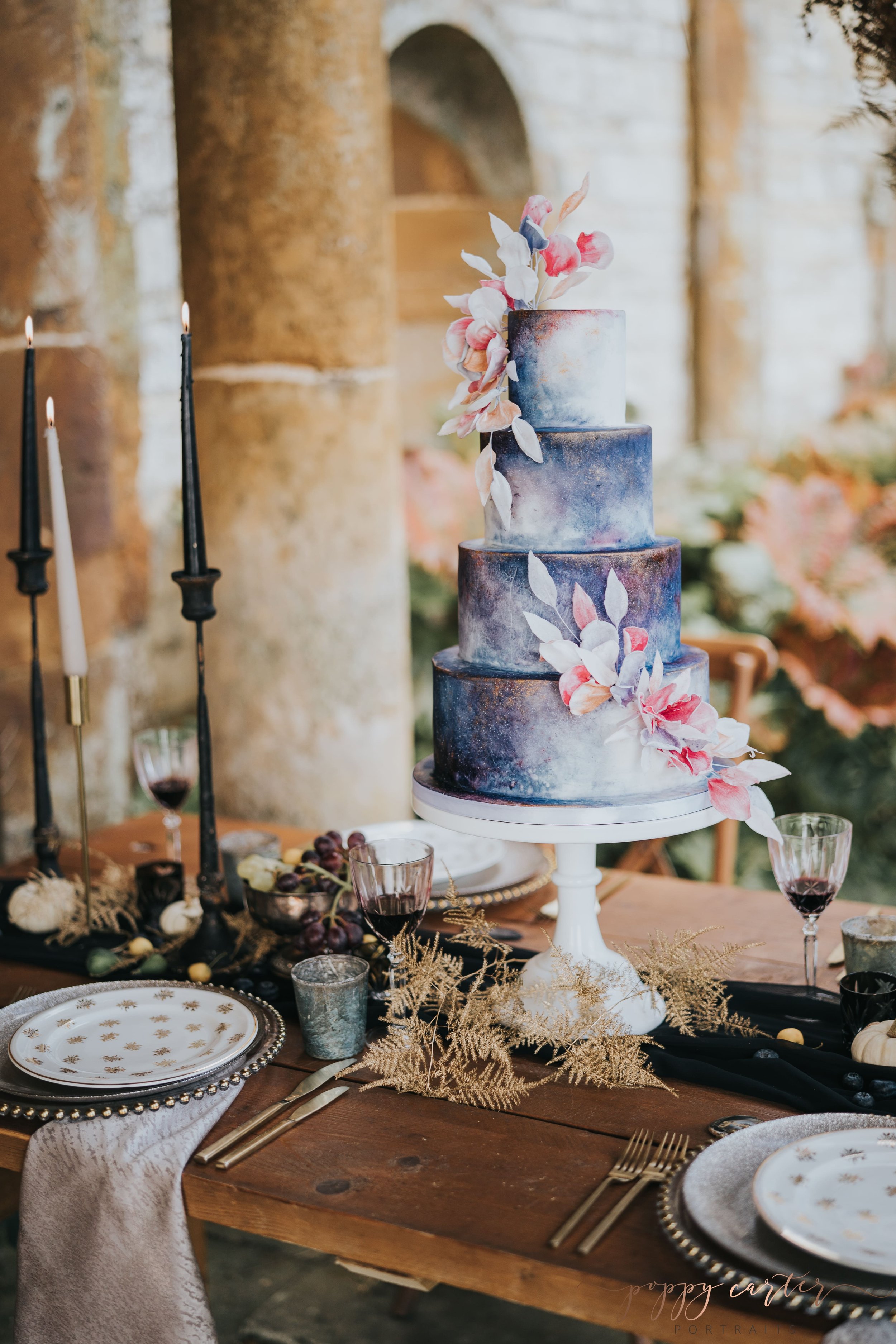 Celestial blue wedding cake on wedding breakfast table