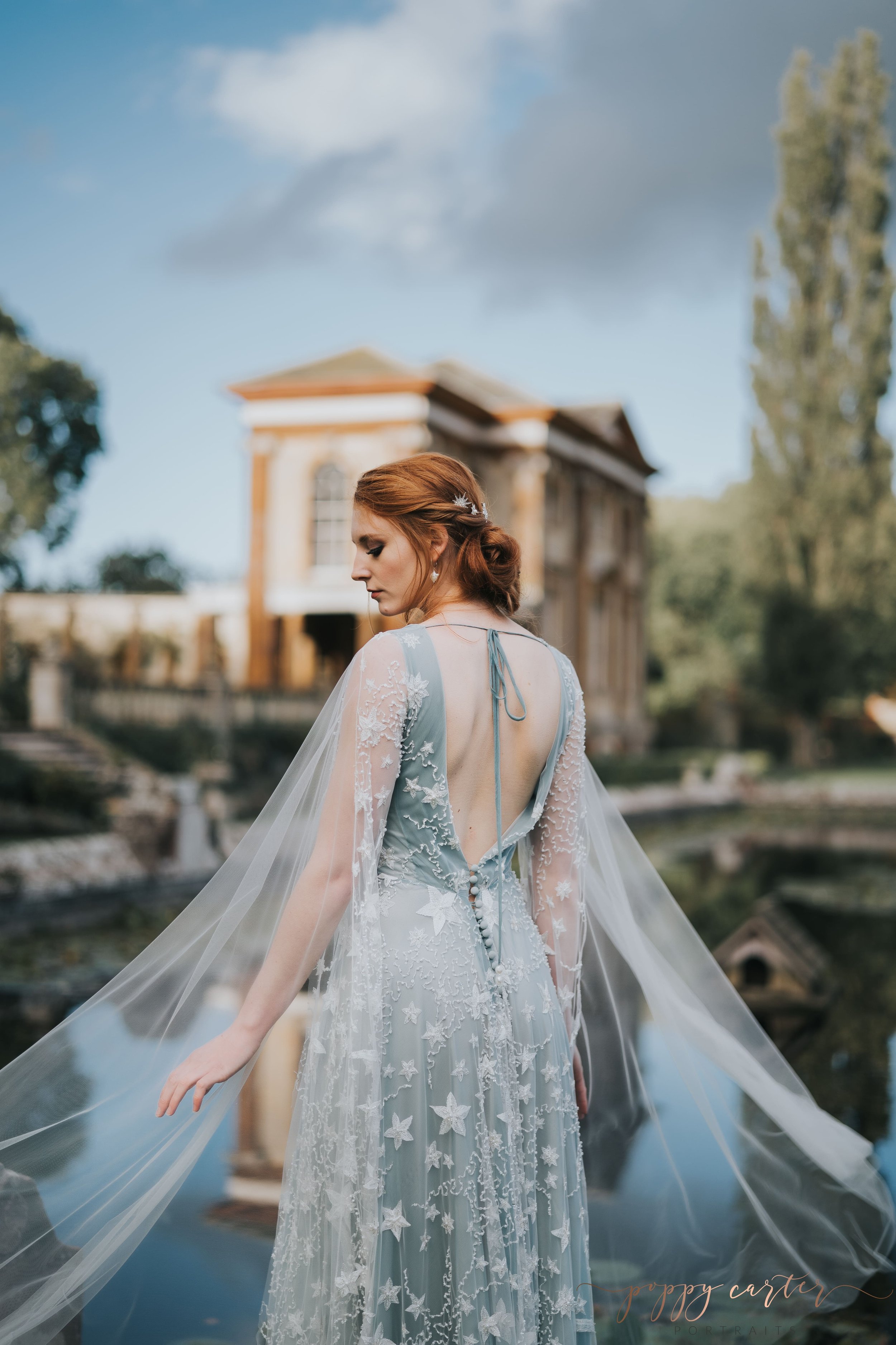 Elegant bride in blue dress with stars