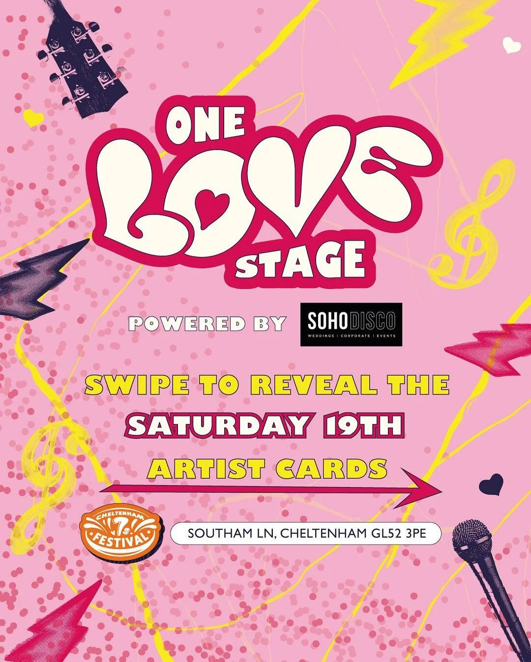 Swipe to reveal our acts for Saturday on the ONE LOVE STAGE! 
Powered by Soho Disco
🎸 Saturday 19th
	•	11:00 – Local DJs
	•	12:00 – Kate Cuff (Solo Acoustic)
	•	13:30 – Gaf Franks (Solo Acoustic)
	•	15:00 &ndash