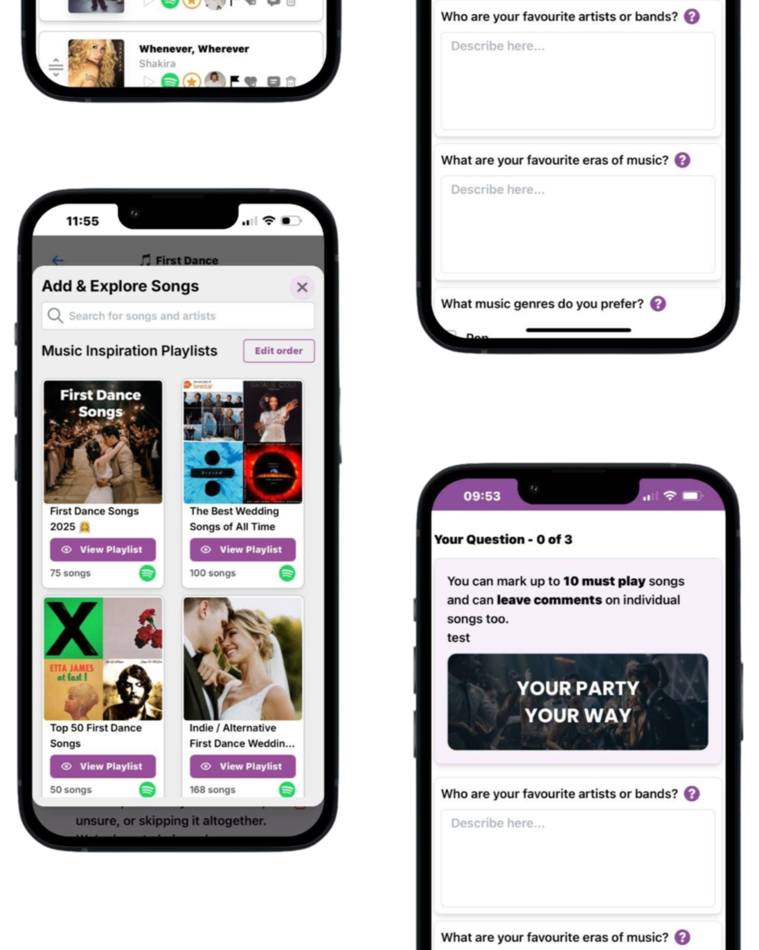 Screenshots of a mobile app interface displaying music playlists, user questions about favorite artists, music eras, genres, and a quiz section with a party-themed graphic.