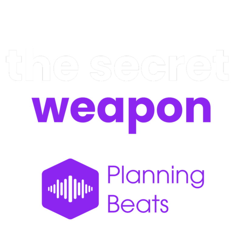 Text that reads 'the secret weapon' in large white and purple letters, along with a purple hexagon icon containing a sound wave, and the words 'Planning Beats' in purple.