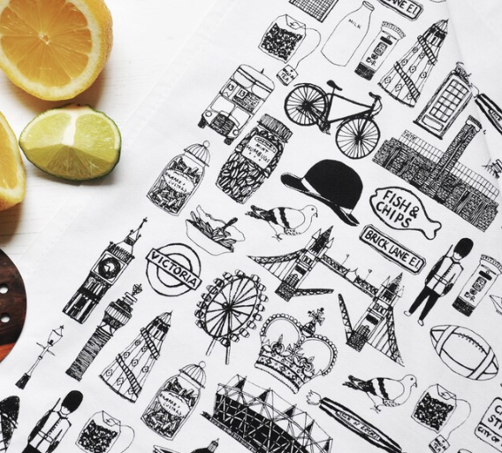 British illustrated black and white tea towel