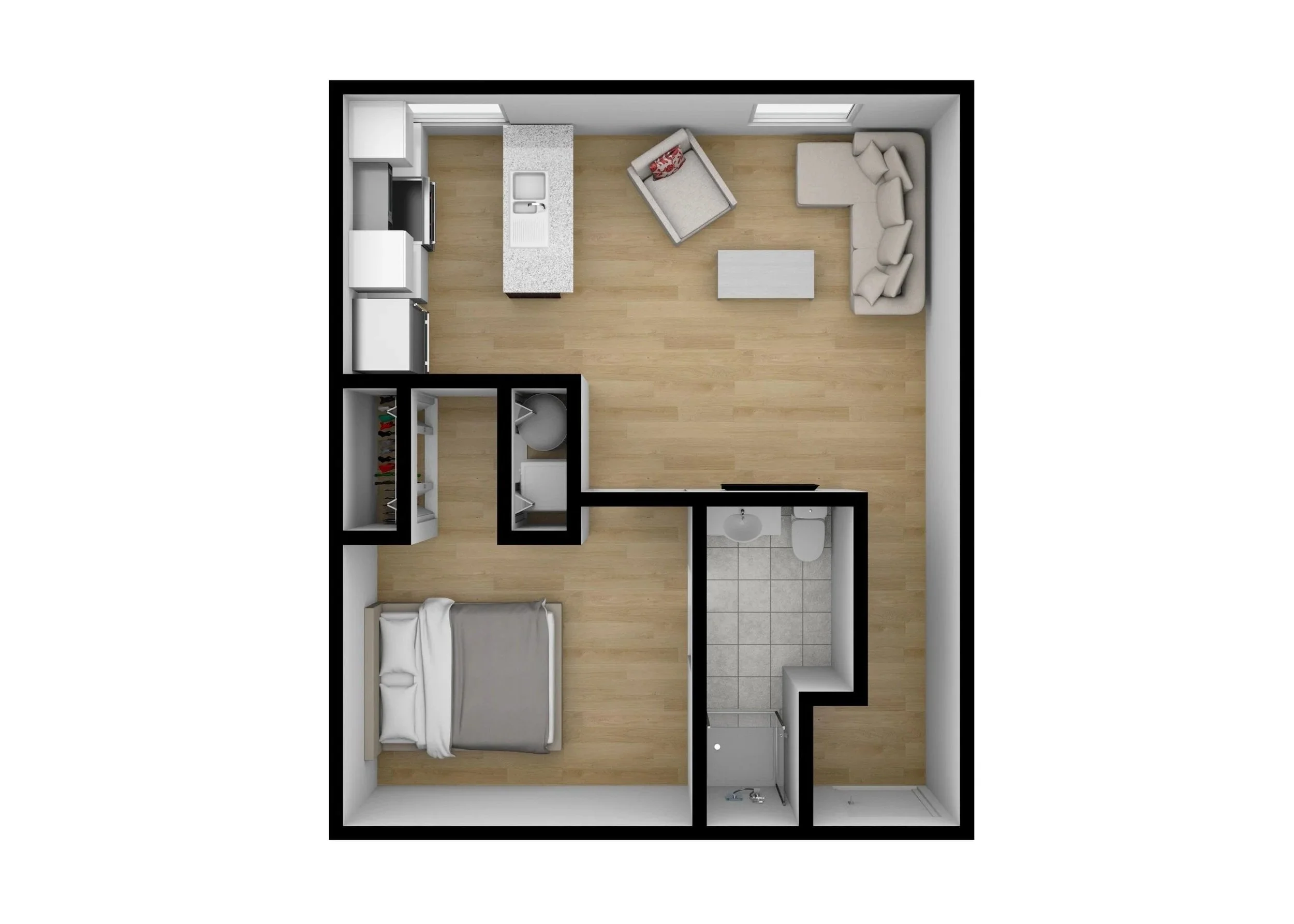 Top-down view of an open-concept one-bedroom apartment floor plan featuring a living area with a sofa and coffee table, a kitchen with white appliances and a countertop, a bedroom with a bed, a closet, and a bathroom with a shower, toilet, and sink.