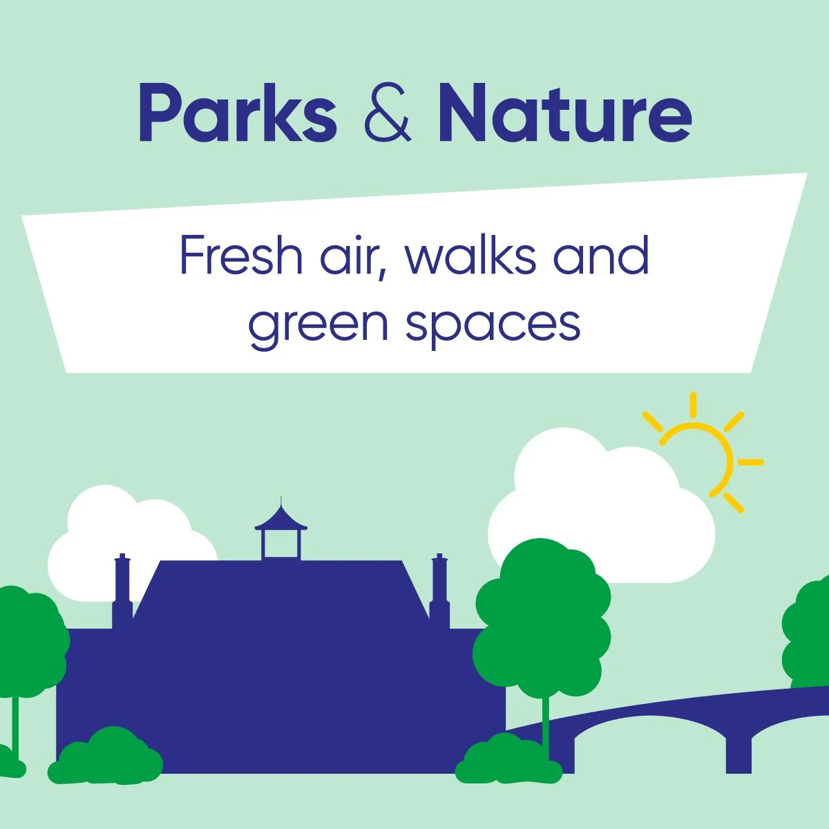 Illustrated Leicester park scene with trees, clouds, sunshine and local landmarks. Text reads: “Parks & Nature. Fresh air, walks and green spaces.”