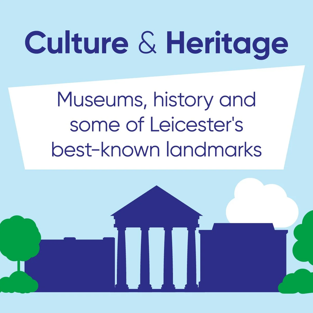 Illustrated Leicester skyline featuring a classical building and local landmarks. Text reads: “Culture & Heritage. Museums, history and some of Leicester’s best-known landmarks.”