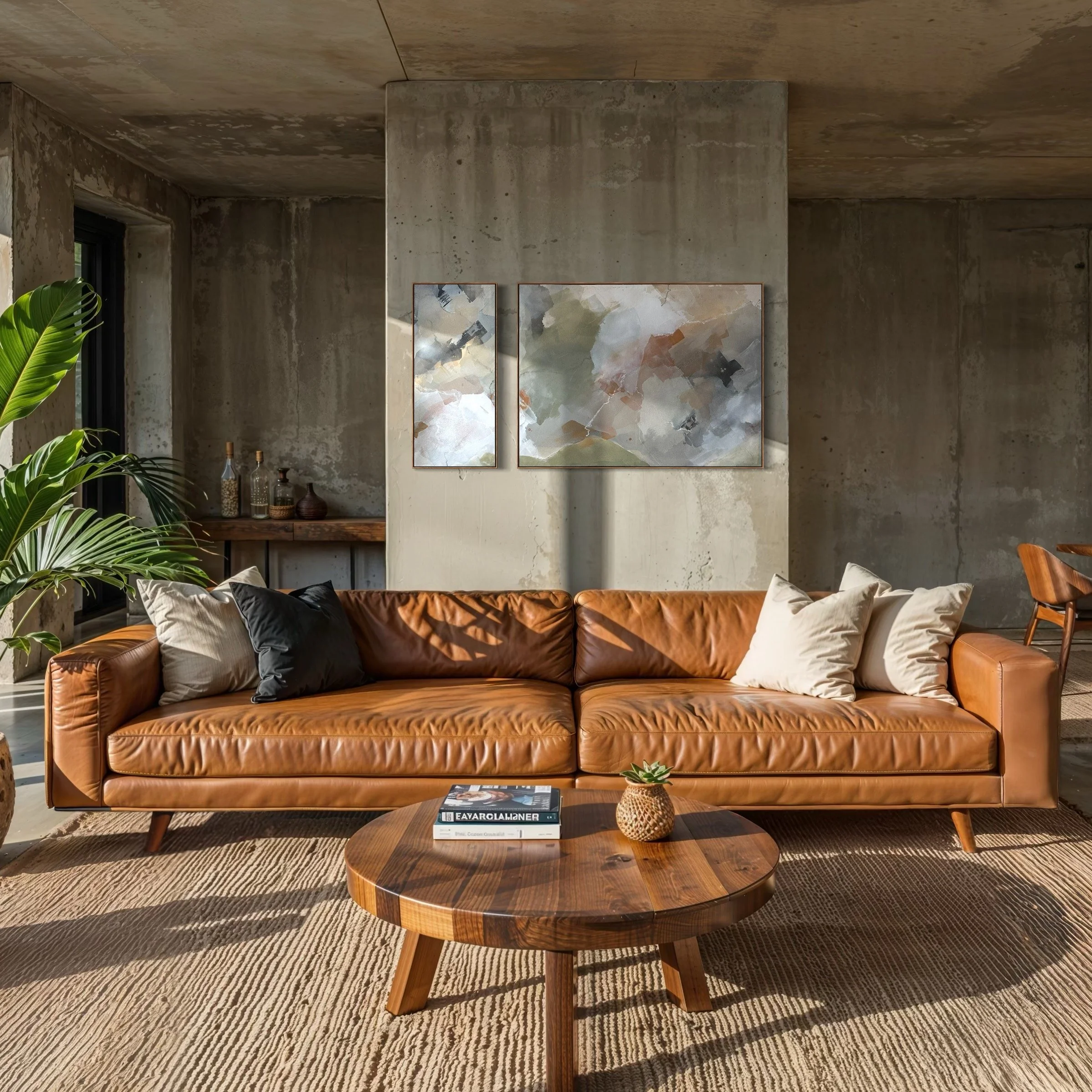 Living room with a brown leather sofa decorated with beige and black pillows, a round wooden coffee table with a small potted plant and books, and a large green plant on the left. Abstract paintings hang on a concrete wall behind the sofa, and sunlight streams into the room.