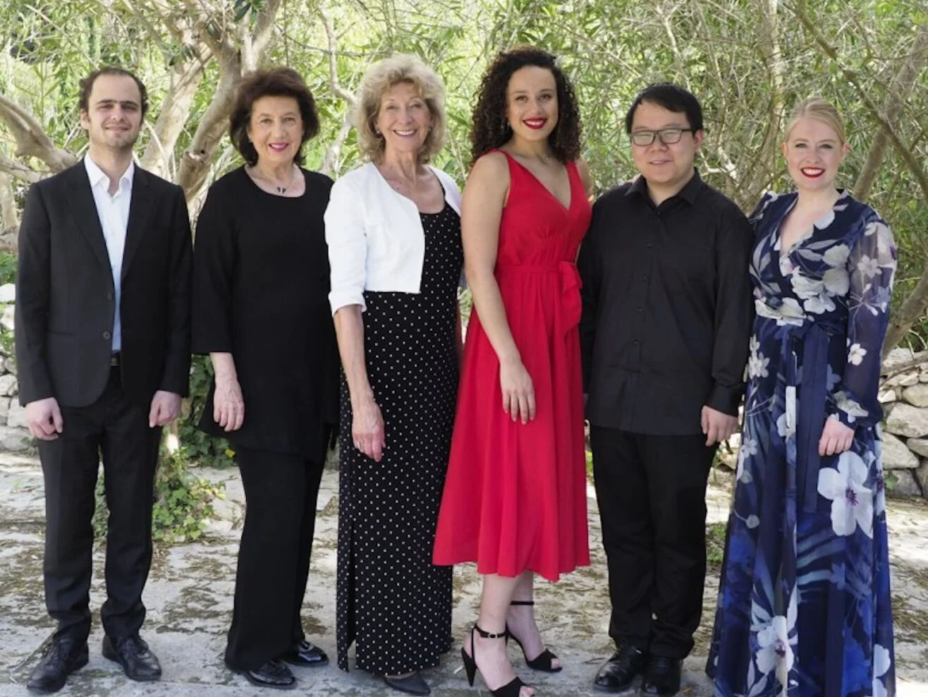 Florian Caroubi, Imogen Cooper, Dame Felicity Lott, Adèle Charvet, Xinyuan Wang, Sarah Gilford, in Provence, May 2019 Imogen Cooper Music Trust.jpg