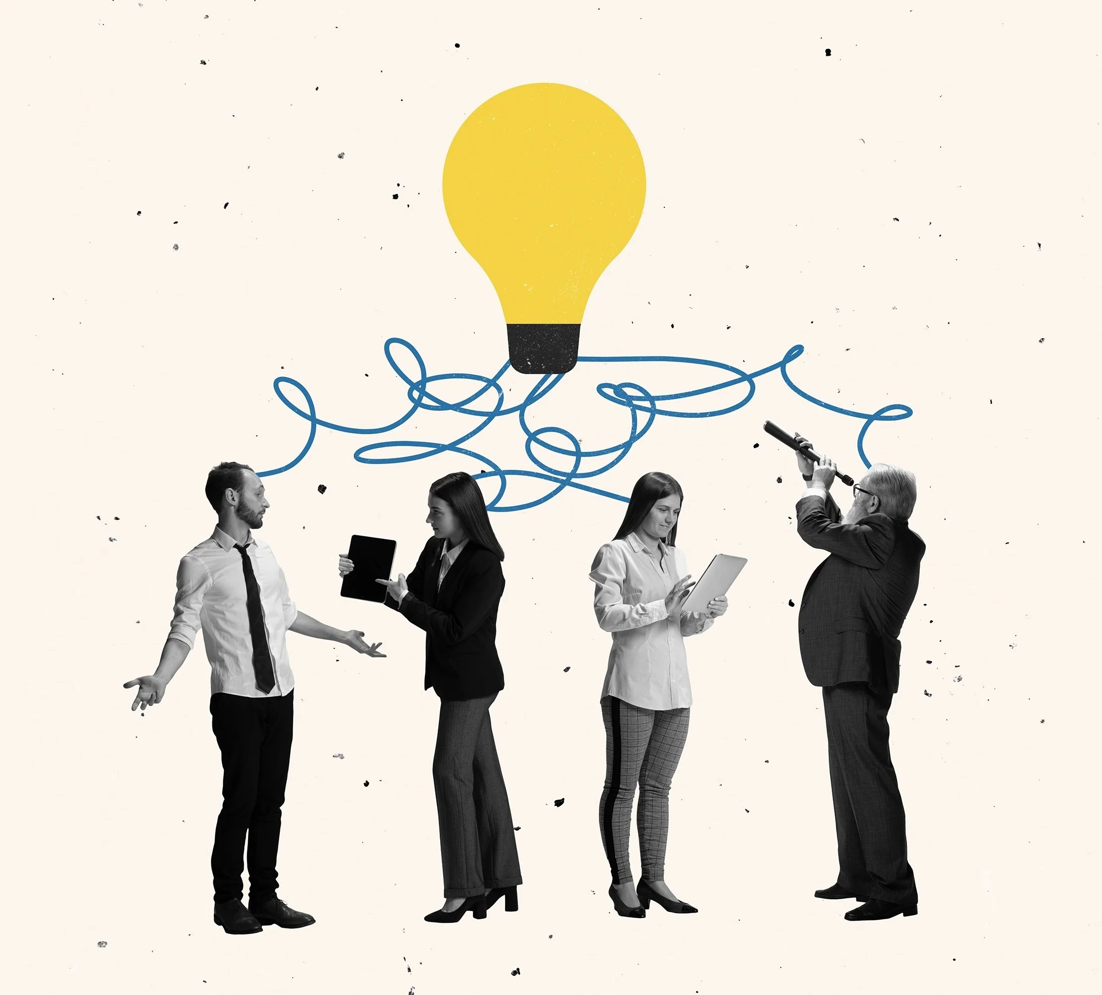 Four people dressed in business attire engaging in conversation and using technology, with a large yellow light bulb above them connected by a blue string, symbolizing ideas.