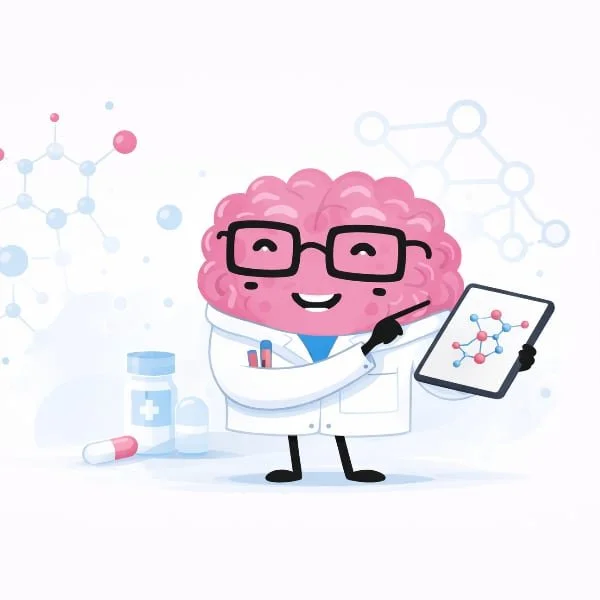 Cartoon brain Kogidu character wearing glasses and a lab coat, holding a tablet showing a molecular diagram, with medical supplies in the background.