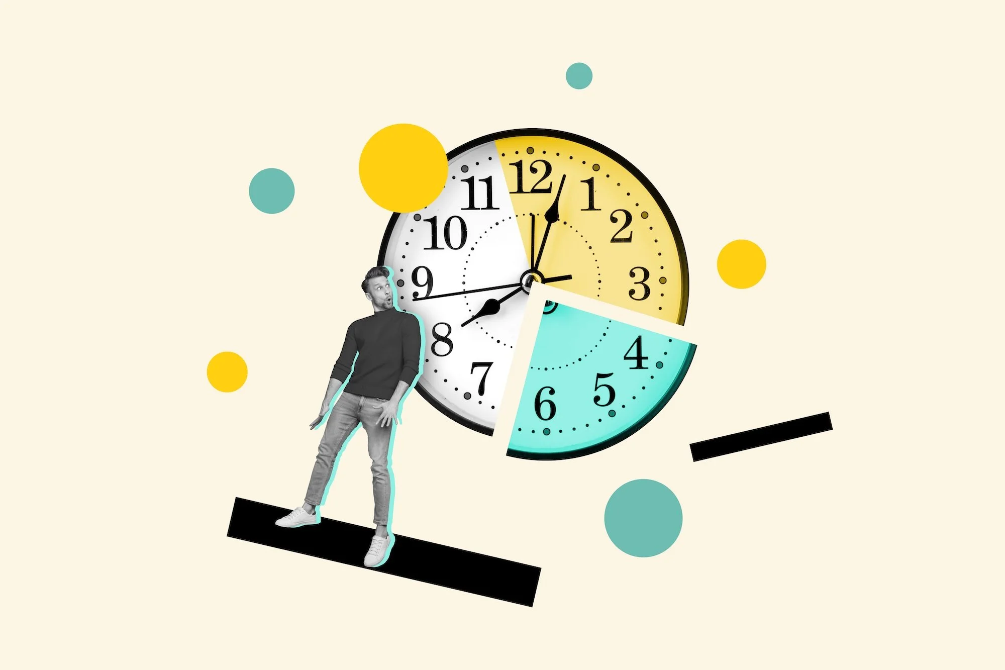 A collage of a clock showing 12:03, a person standing on a black block, and colorful circles on a light background.