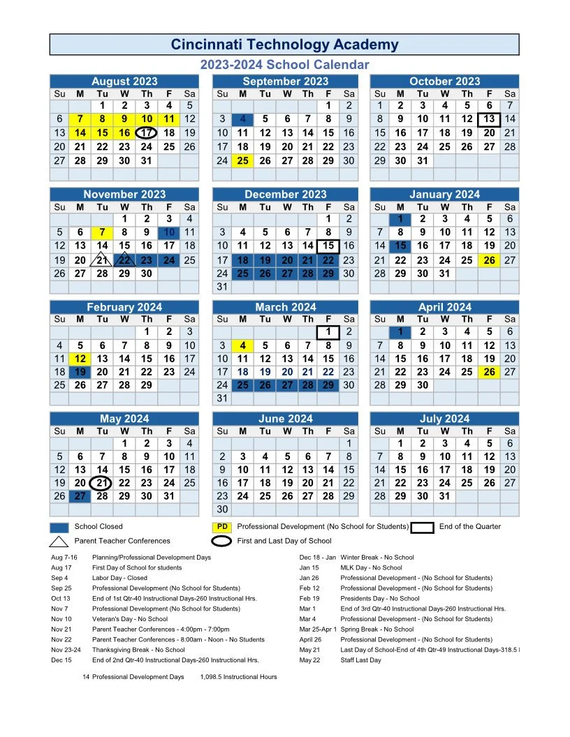 2023-2024 School Calendar — Cincinnati Technology Academy