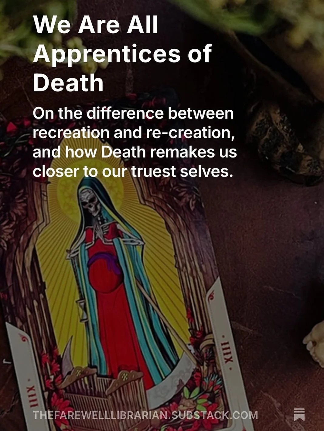 ✨ There&rsquo;s a difference between recreation and re-creation.

Recreation is safe, soothing, familiar; the way we sometimes slip into autopilot in our deathwork. But Death invites us into re-creation: flaying us open, composting what is false, and
