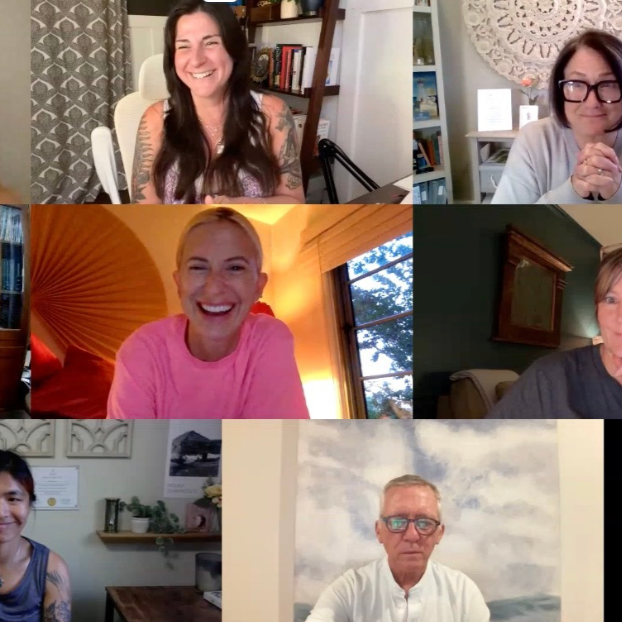 Virtual advanced death doula training session with a diverse cohort of students joining a live Zoom teaching conversation, sharing perspectives and building community through end-of-life care education.