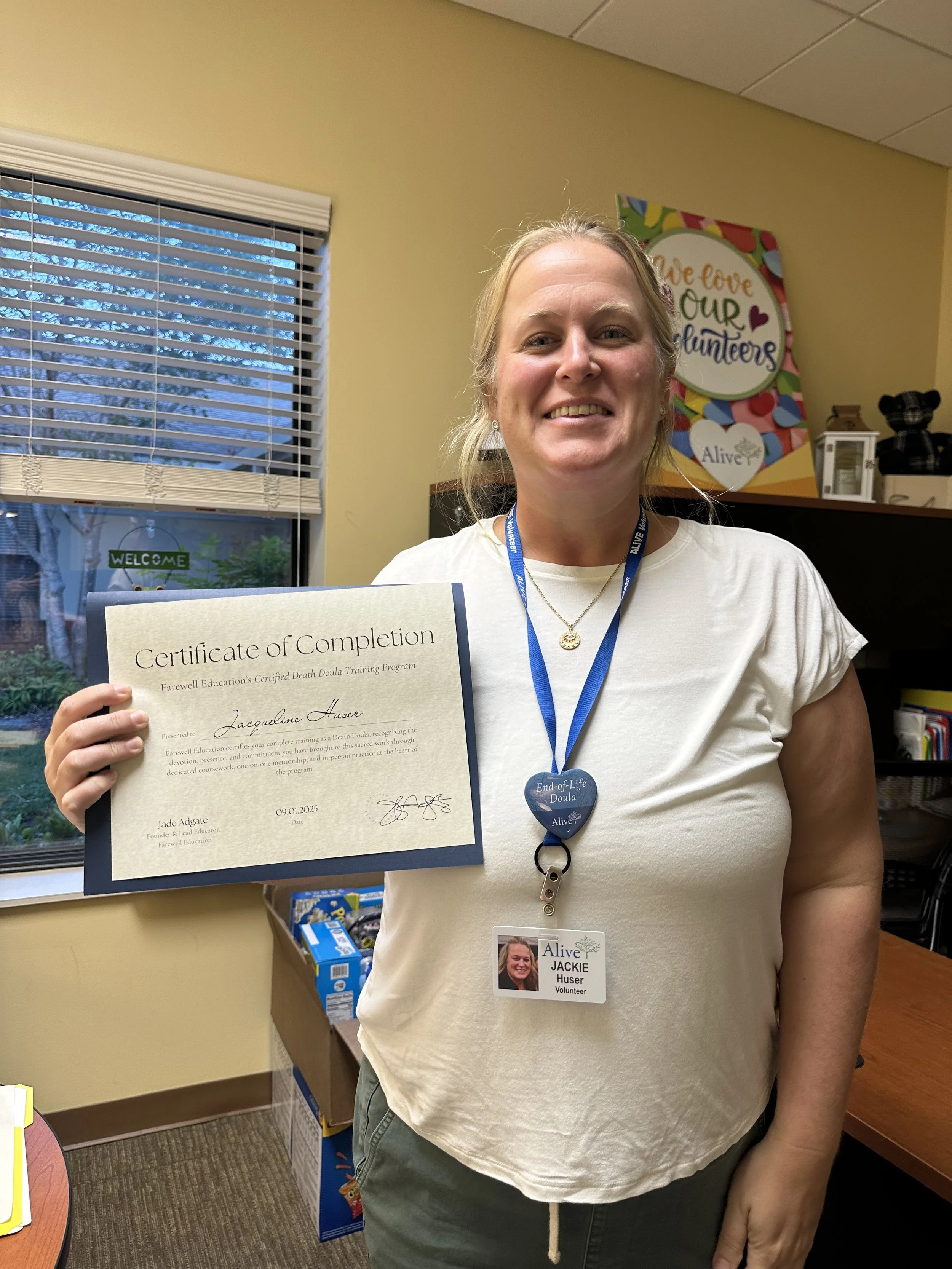 Certified death doula, Jackie Huser, receiving her certification under Jade Adgate at Farewell Fellowship as part of the comprehensive apprenticeship path.