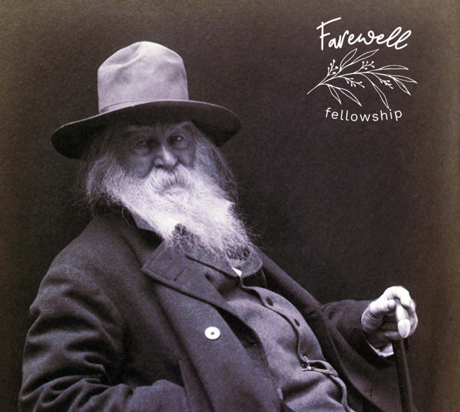 Portrait of Walt Whitman, the American poet of Leaves of Grass, overlaid with the Farewell Fellowship logo, symbolizing his lifelong engagement with mortality and the exploration of life, death, and reflection.
