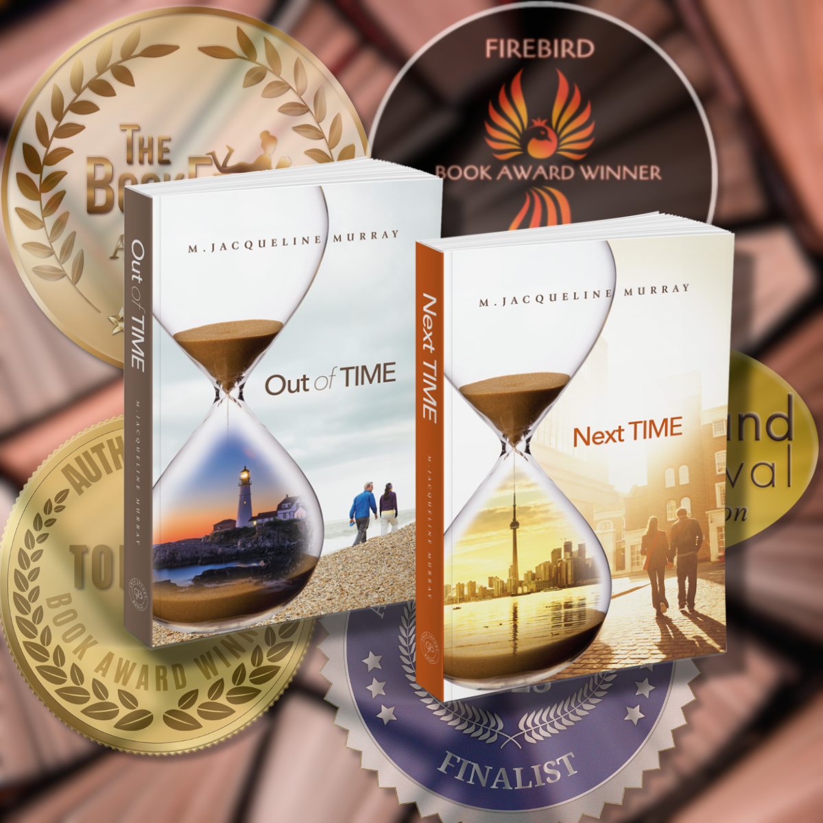 Out of Time and Next Time books with awards medals