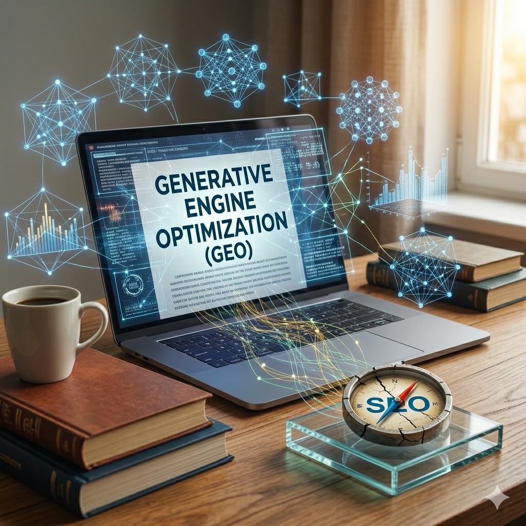 Laptop with generative engine optimization on screen and SEO on broken compass