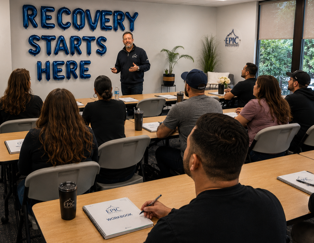 A man giving a presentation in a room with a sign that reads 'RECOVERY STARTS HERE' made of blue balloons. The audience is seated at tables with notebooks and drinks, listening attentively.