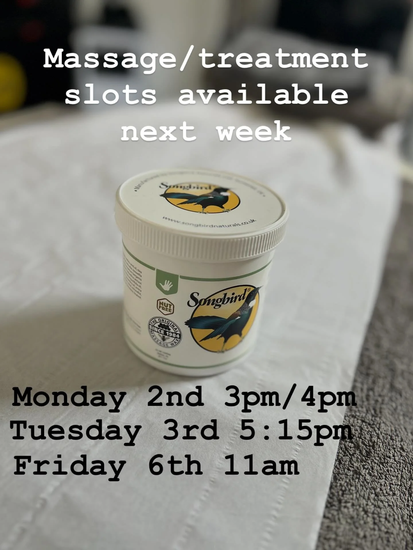 I have limited space left next week for treatments. 

The following days and times are available 
Monday 2nd 3pm &amp; 4pm 
Tuesday 3rd 5:15pm 
Friday 6th 11am 

If you are looking to get an injury under control or general maintenance for your body t