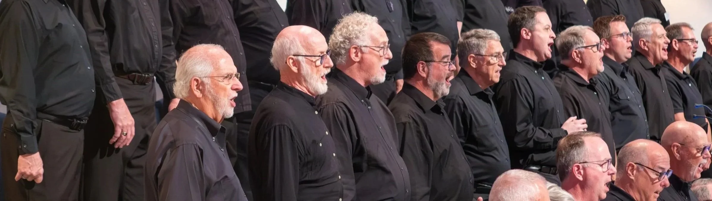 A choir of men singing together, all dressed in black shirts, standing in rows.