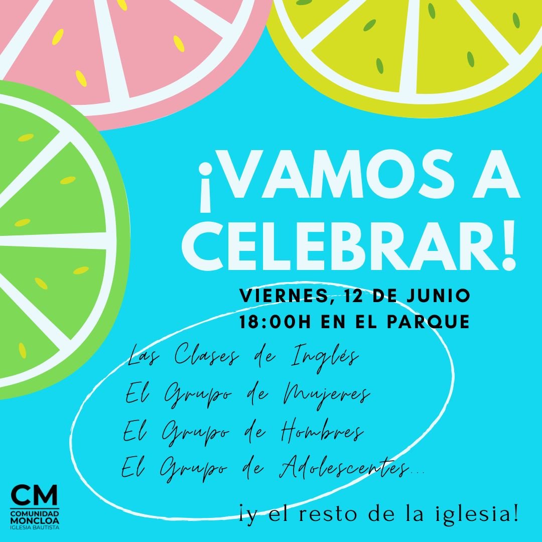 Colorful citrus fruit slices on a blue background with event details in Spanish for a celebration at a park.