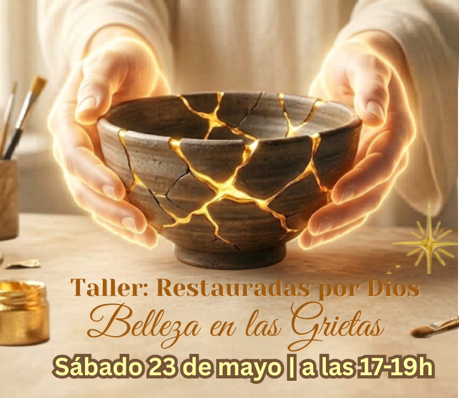 A ceramic bowl with gold cracks being held by two glowing hands, with an advertisement for a workshop titled 'Restauradas por Dios: Belleza en las Grietas,' scheduled for Saturday, May 23, from 5 to 7 p.m.