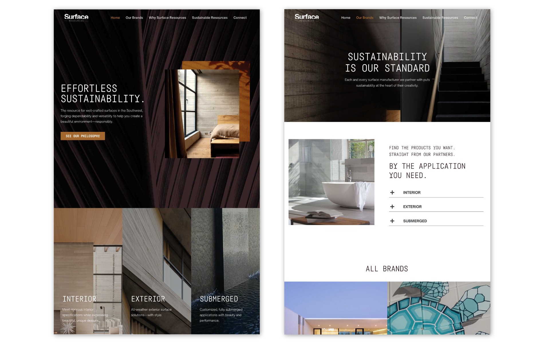 Surface Resources: The website features Surface Resources manufacturer partners and speaks to the sustainable nature of the products.