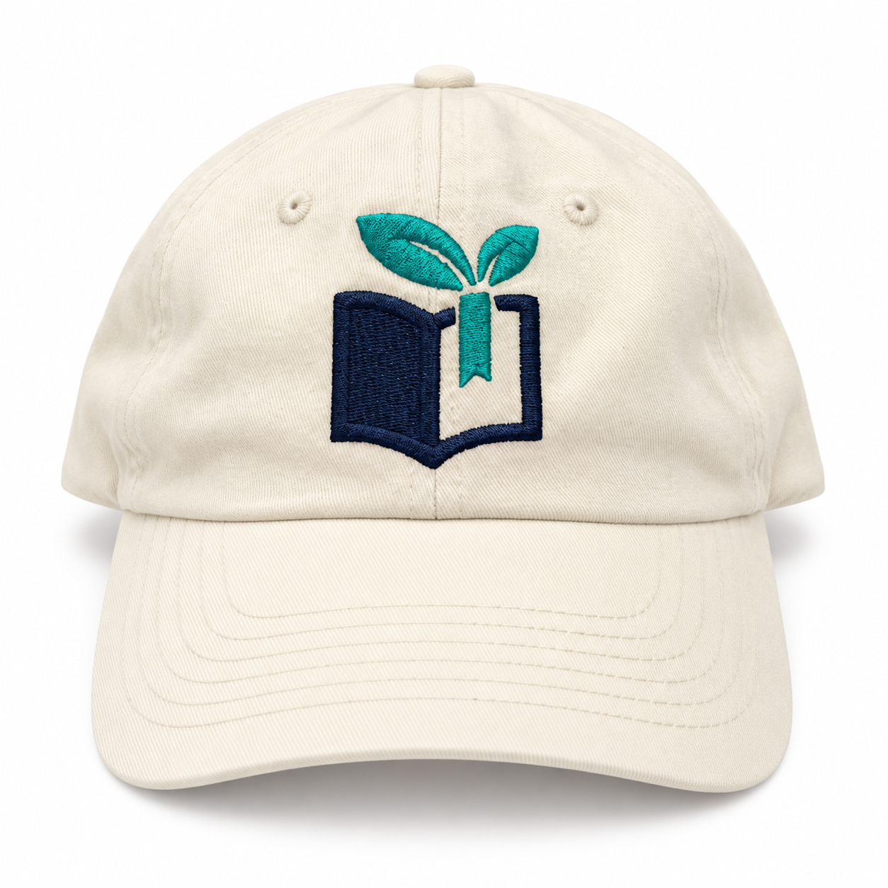Cream cotton hat with book-and-leaf logo.png