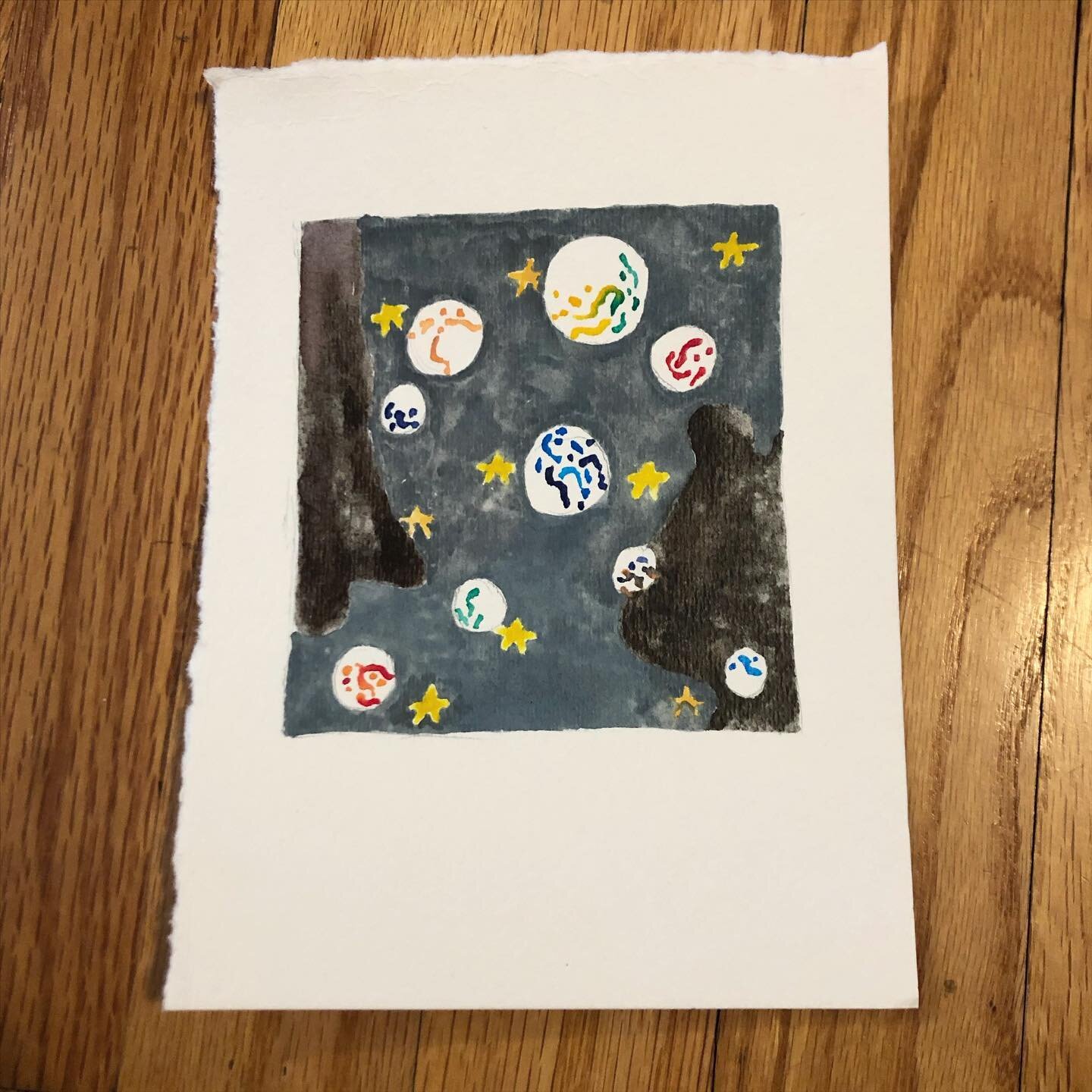 More little water color quilts! 
.
.
.
.
.
[Image 1: A small water color painting of a quilt sitting on a table. Image 2: The full size quilt the painting is based on. It is a grey quilt with figures along the left side and right corner. There are st
