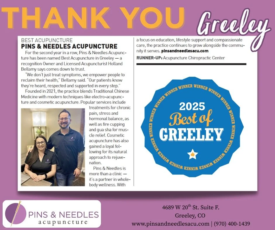 We&rsquo;re honored, and deeply grateful&mdash;thank you, Greeley, for voting Pins &amp; Needles Acupuncture 
BEST Acupuncture in Greeley! 💛🏆🎉
Your support means the world to us. Every kind word, referral, and vote reminds us why we love serving t